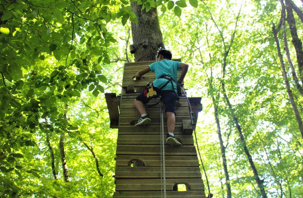 Adventure Parc in Fontdouce met boomtopparcours, tokkelbanen en activiteiten voor gezinnen, omringd door de prachtige vallei van de Abbaye de Fontdouce.