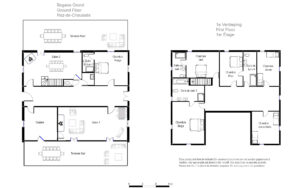 Gedetailleerde plattegrond van luxe vakantiehuis in Dordogne met meerdere kamers en terrassen.