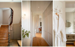Elegant interieur van luxe vakantiehuis in Dordogne met houten vloer en wit decor.